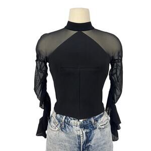 Balenciaga Mock Neck Mesh Cropped Top Long Ruched Sleeves Black 36 (US 4)